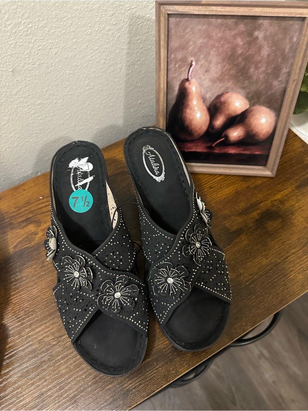 Studded Black Floral Slide Wedges